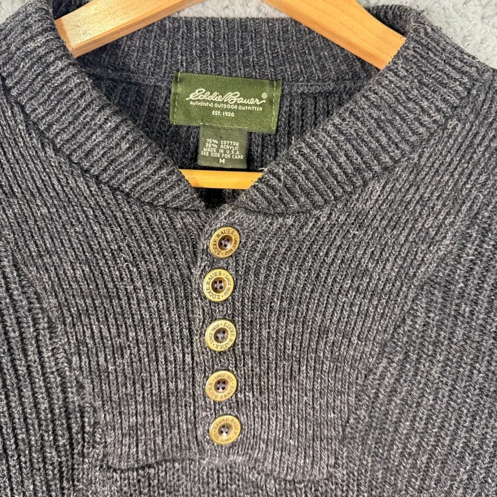 Eddie Bauer Henley Sweater Mens Medium Gray Cotton Ribbed Knit Vintage Gorpcore